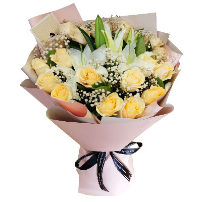 金华17朵香槟玫瑰百合，爱不惧风雨