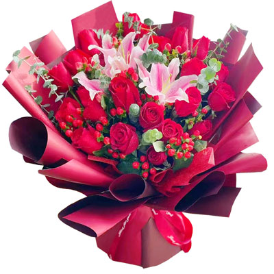 金华22朵红玫瑰百合，爱的火焰